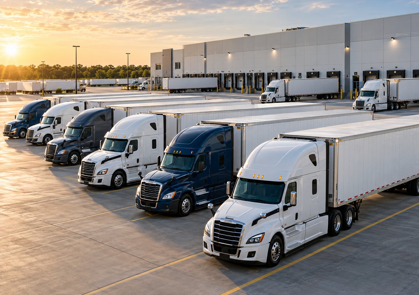 Row of tractors and dry vans staged at a distribution center yard at sunset