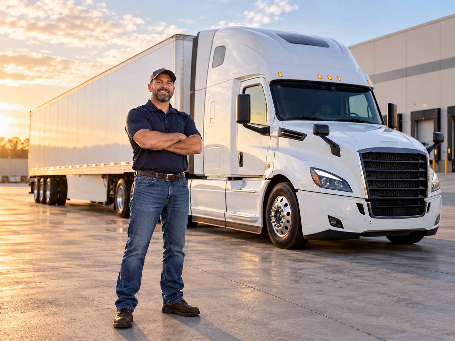 Smiling IFM Logistics company driver standing in front of a white Freightliner Cascadia at a loading dock at sunset