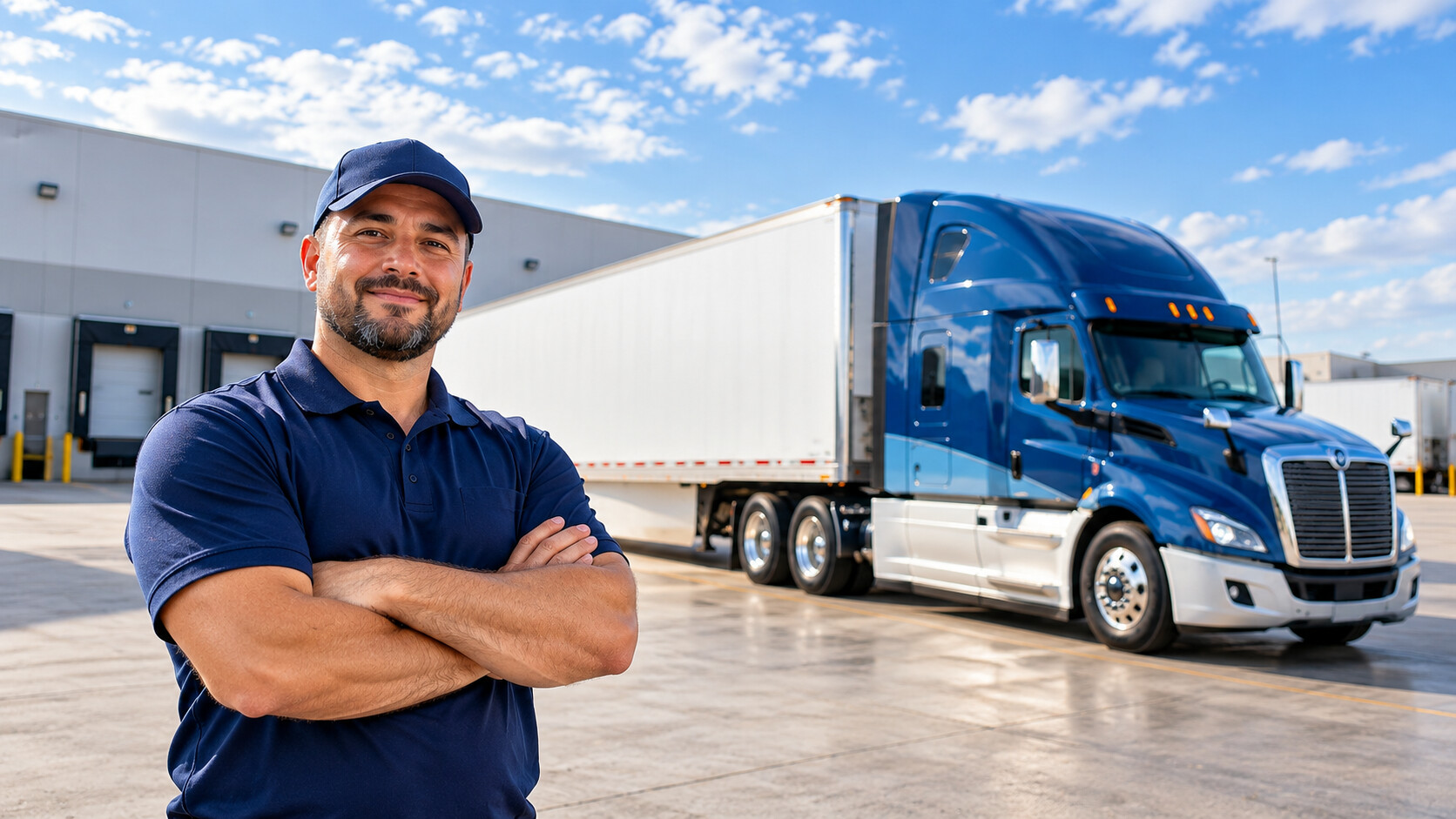 Professional IFM Logistics company driver standing beside a late-model sleeper tractor