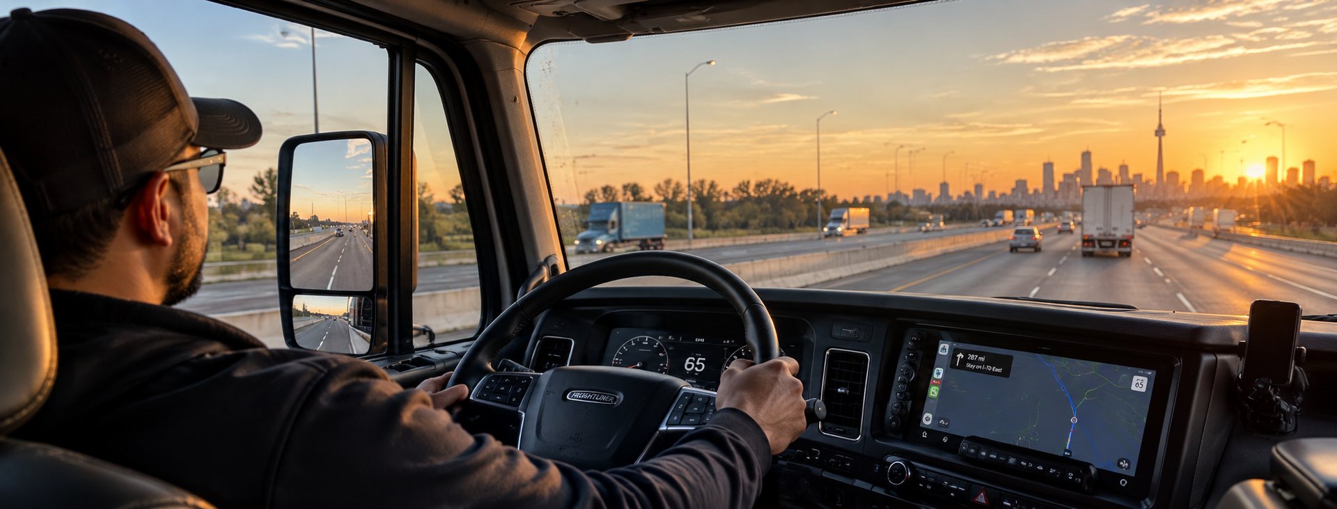 Truck driver at the wheel of a Freightliner at sunset on a busy highway with a city skyline ahead