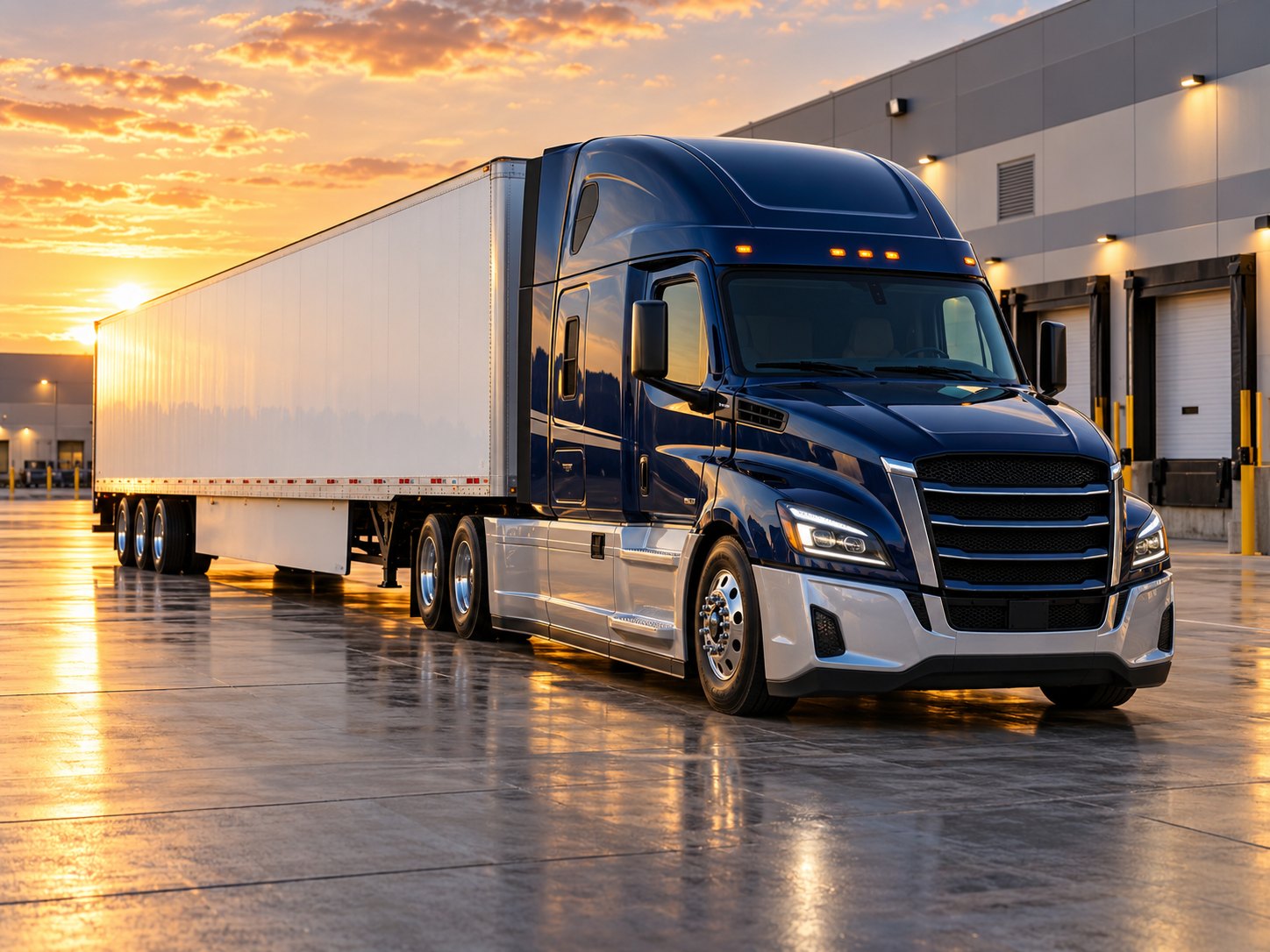 IFM Logistics navy Freightliner Cascadia with a white dry van at a distribution center dock at sunset