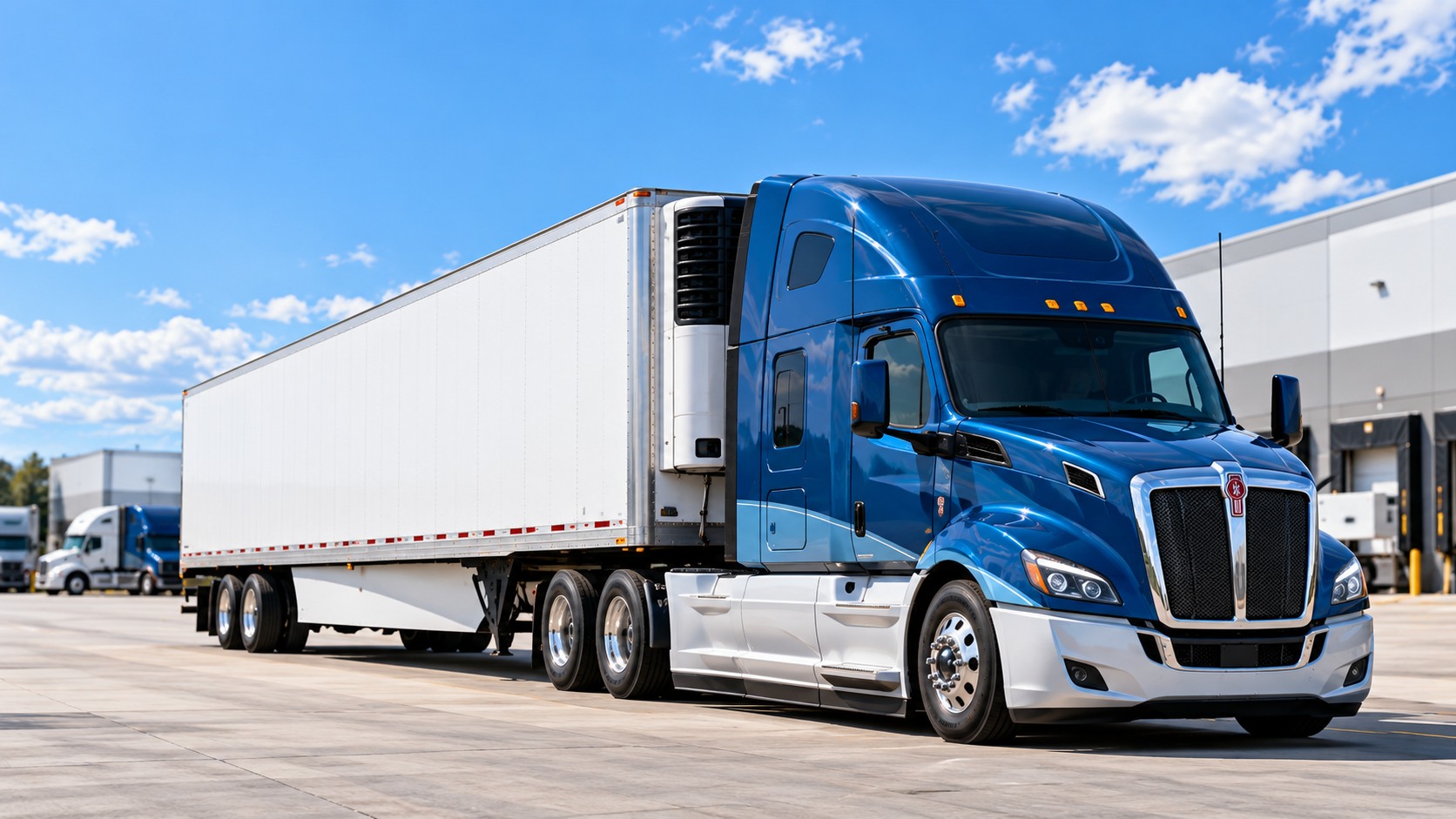 Late-model sleeper tractor with a refrigerated trailer at a modern distribution center
