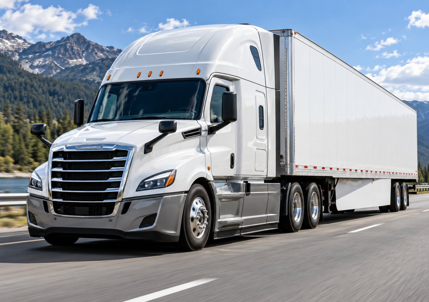 White Freightliner Cascadia pulling a dry van along a mountain highway